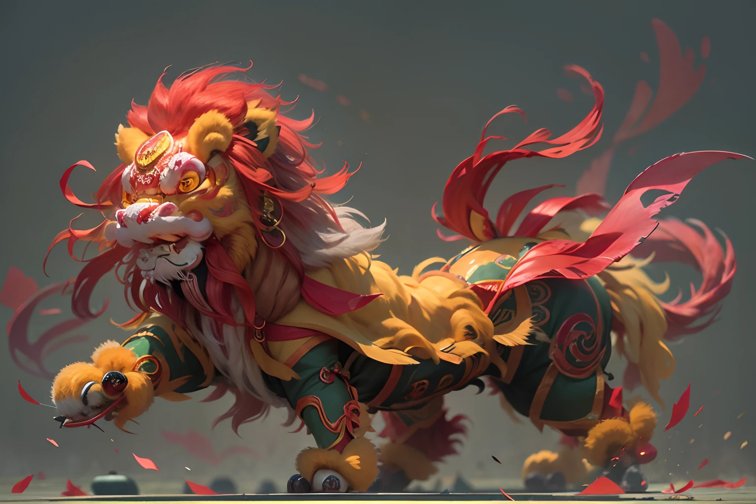 8K，RAW photos，best qualtiy，tmasterpiece，realisticlying，photograph realistic，ultra - detailed，Chinese lion dance，At the New Year's Festival, Traditional lion dance performance, Red and gold thread lion，Long mane and long tail, bian lian, G Liulian art style, cgsociety and fenghua zhong, drak, inspired by Park Hua, chengwei pan on artstation, wojtek fus, inspired by Lu Guang,  affable ， wenjun lin