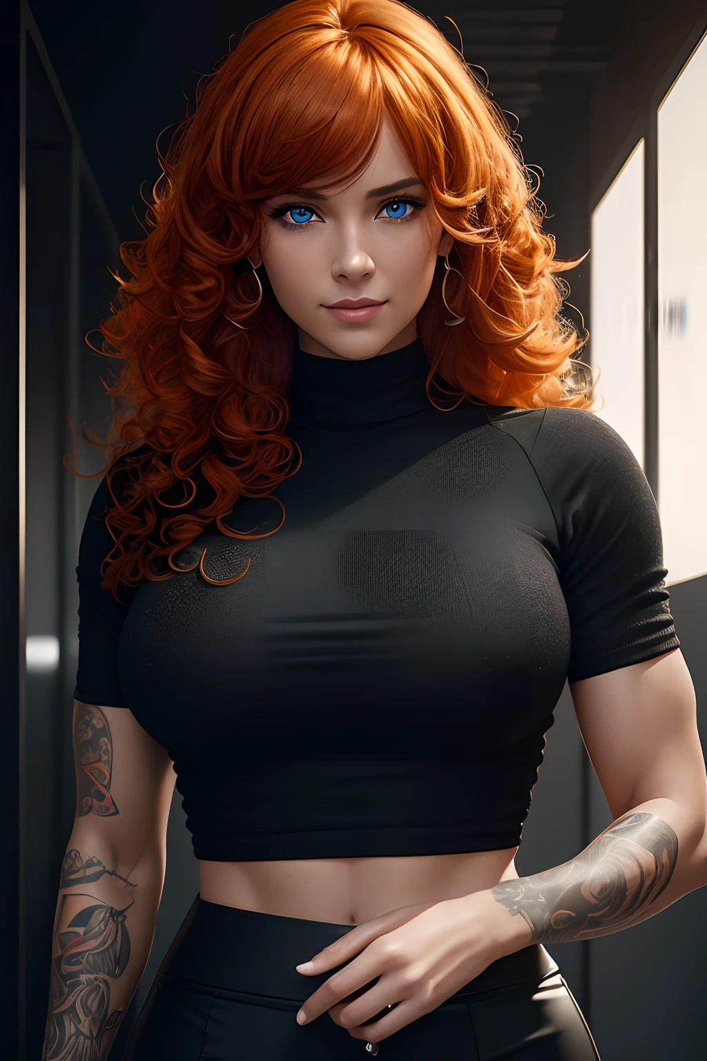 (best quality, extremely detailed, hyperrealistic, photorealistic),  Irish woman, red hair, fitness body, muscular, beautiful face with makeup, straight hair, mouth detailed with lipstick,, red lace lingerie, (nsfw:1.3)