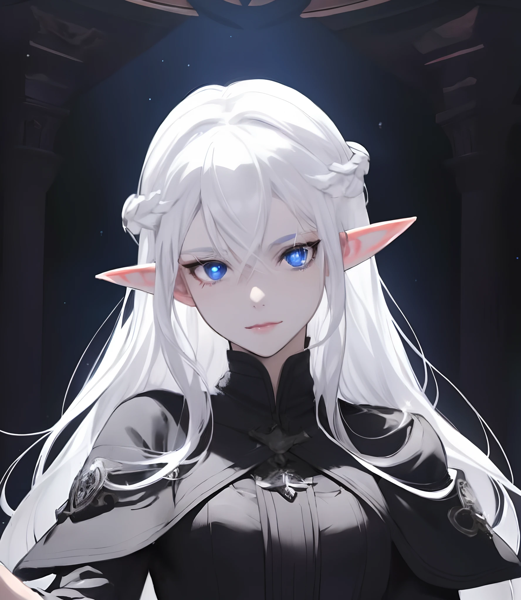 A woman with long white hair and blue eyes standing in front of a dark ...