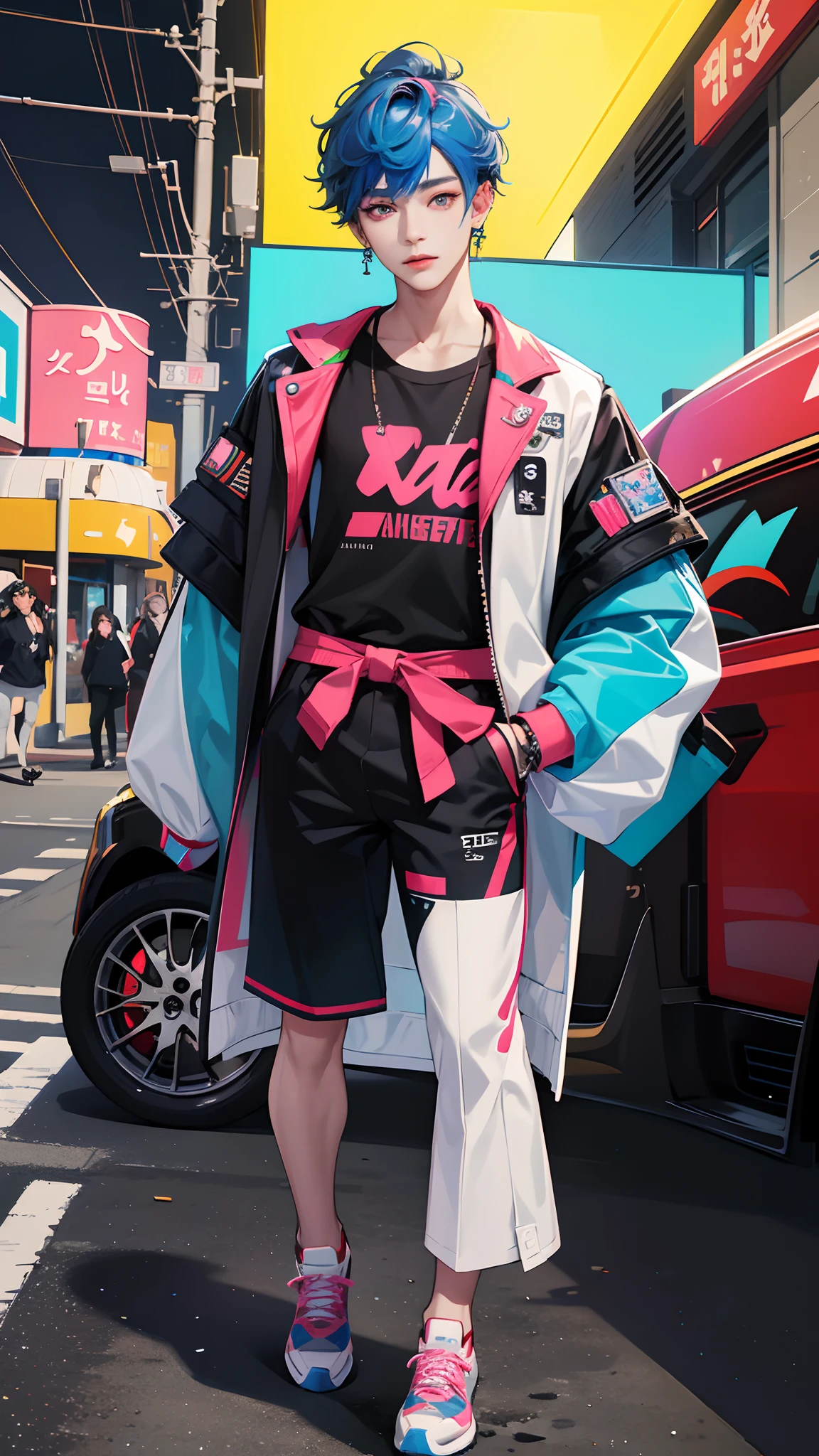 A pretty Korean twink male idol with modern clothes in a vibrant, urban setting. (best quality, highres), detailed facial features, flawless skin, captivating eyes, stylish outfit, colorful urban background, neon lights, artistic flair, fashionable accessories, studio lighting, sharp focus.