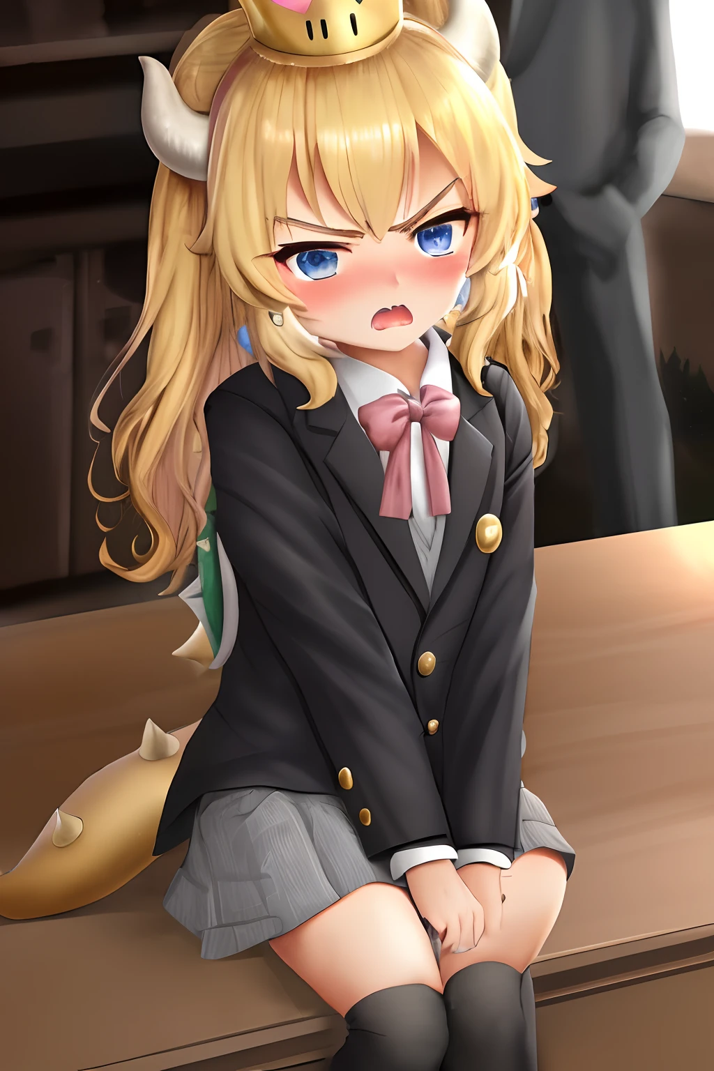 bowsette, 1boy, 1girl, loli, child, blonde hair, blush, flat chest,  desk, formal, lipstick, long hair, long sleeves, makeup, sitting, angry open mouth, solo focus, suit,  bowsers tail