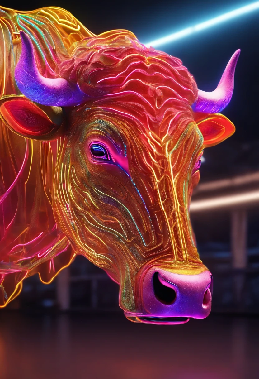 neon electric colorful electric luminescent bull 3d render in a ultra-realism render intricately detailed