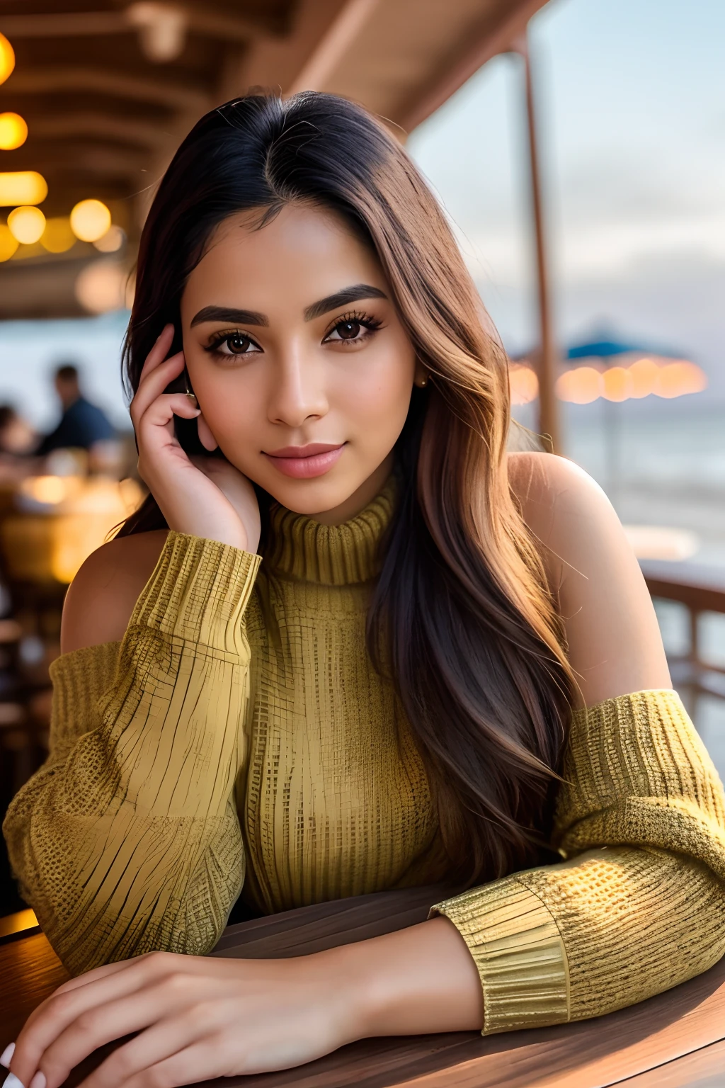 Photo by (SH0HREH:0.99), a beautiful latina woman 24 years old long brown hair, large eyes, ponytail, portrait, enlarged close-up in tight crop portrait, sitting at a (table on a seaside boardwalk café bar drinks cocktails:1.2) wearing a (sexy off-shoulders sweater:1.3) (drinks on the table:1.3) (Lighting-Gold:1.2) foreground objects background details (masterpiece:1.2) (photorealistic:1.2) (bokeh:1.2) (best quality) (color gradation) (detailed skin: 1.3) (intricate) (8k) (HDR) (cinematic lighting:1.3) (sharp focus)