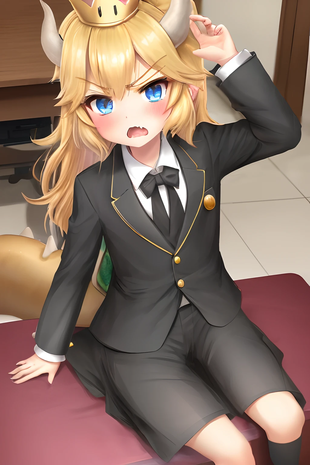 bowsette, 1boy, 1girl, ****, child, blonde hair, blush, flat chest,  desk, formal, lipstick, long hair, long sleeves, makeup, sitting, angry open mouth, solo focus, suit,  bowsers tail