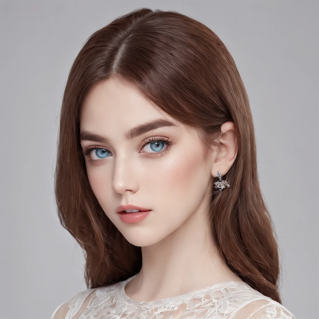 cute young Woman, white skin, brown hair, Brown Eyes, white background, blue eyes, hai out of face, High Quality, Masterpiece, Highly Detailed