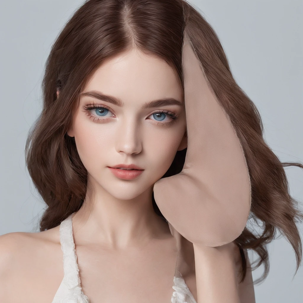 cute young Woman, white skin, brown hair, Brown Eyes, white background, blue eyes, hai out of face, High Quality, Masterpiece, Highly Detailed