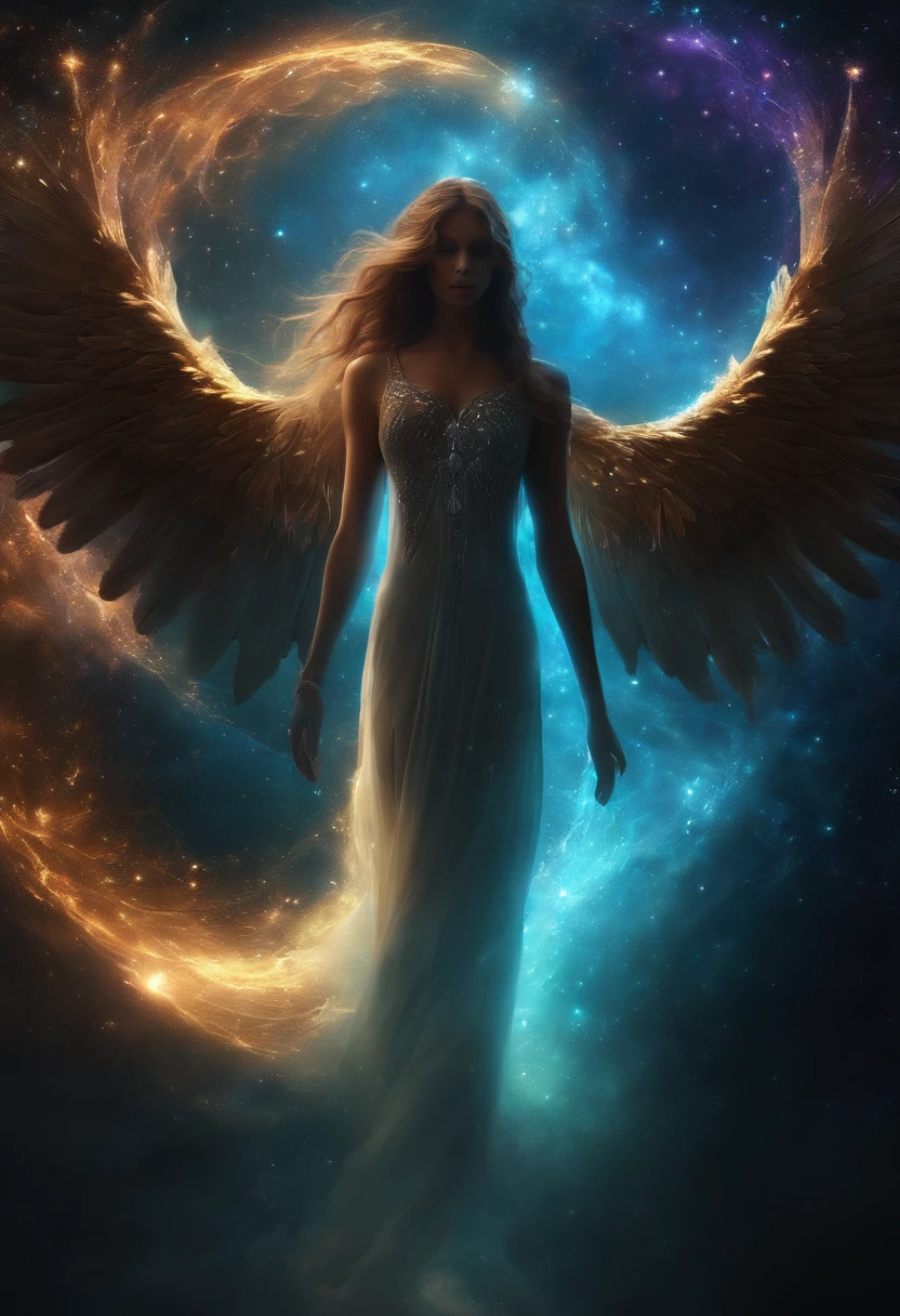 Cosmic Fallen Angel, glowing light eyes, Bioluminescent, Beautiful, Saviors, heaven sent, Very bright colors, Light particles, with light glowing, Mshiff, wallpaper art, UHD wallpaper