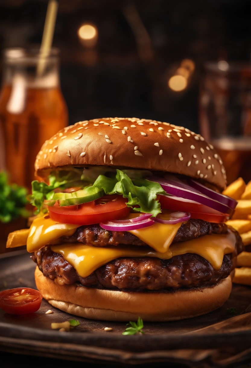 hyper realistic and delicious burger and fries on a plate, vibrant colors, cinematic lighting, hdr, 8k render, beautiful photography