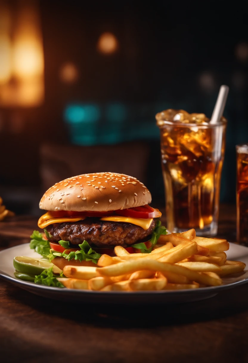 hyper realistic and delicious burger and fries on a plate, vibrant colors, cinematic lighting, hdr, 8k render, beautiful photography