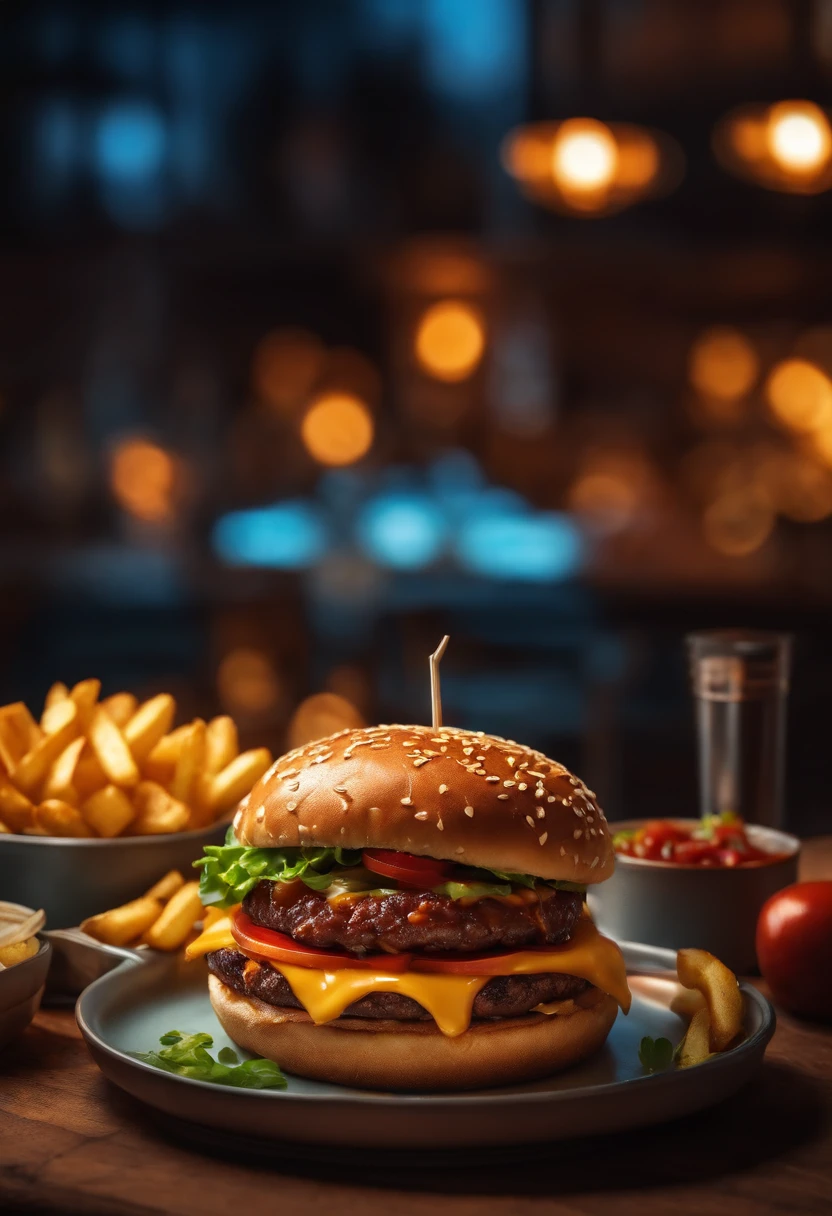 hyper realistic and delicious burger and fries on a plate, vibrant colors, cinematic lighting, hdr, 8k render, beautiful photography