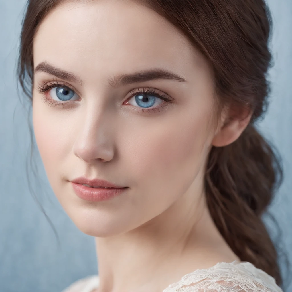 cute young Woman, white skin, brown hair, Brown Eyes, white background, blue eyes, hai out of face, High Quality, Masterpiece, Highly Detailed
