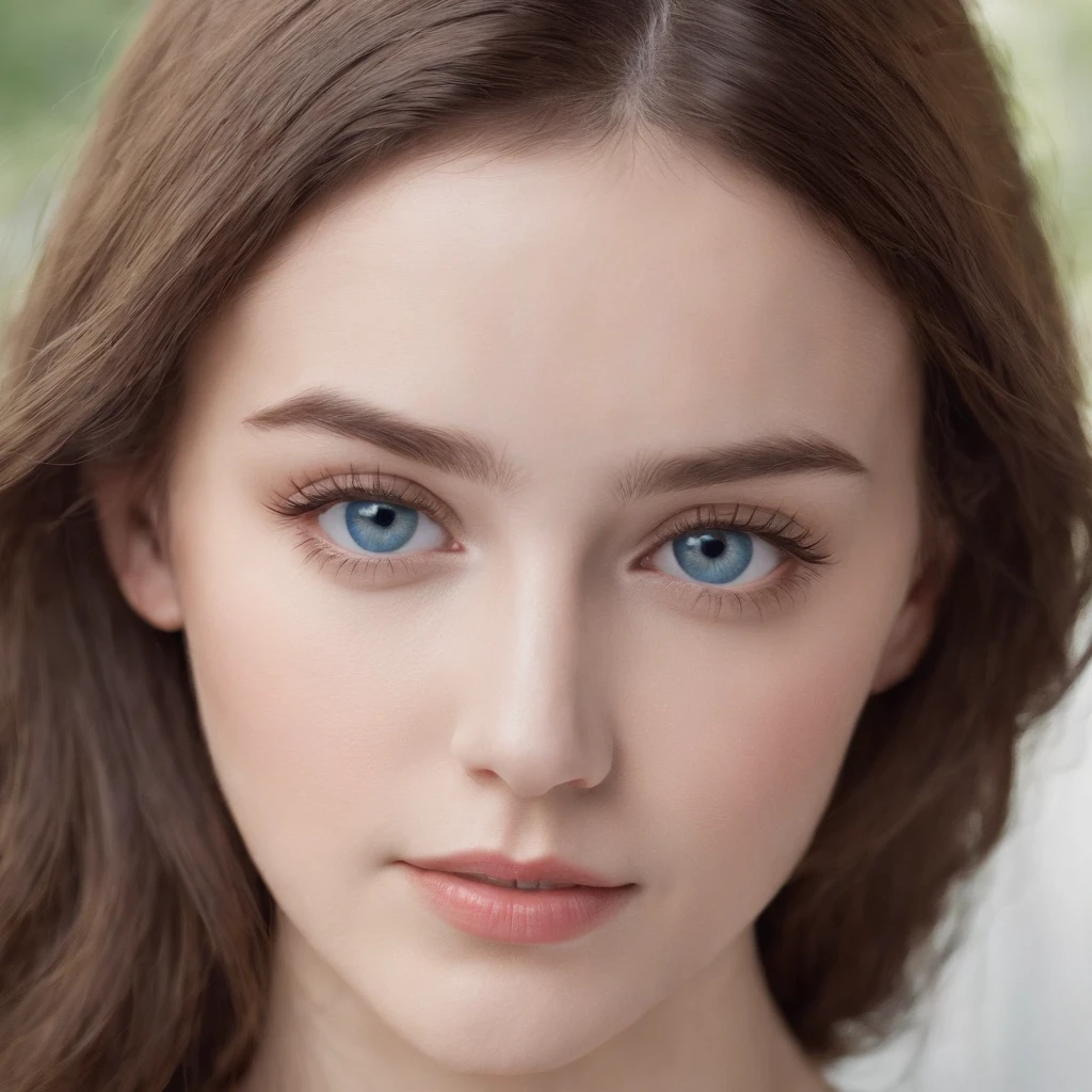 cute young Woman, white skin, brown hair, Brown Eyes, white background, blue eyes, hai out of face, High Quality, Masterpiece, Highly Detailed