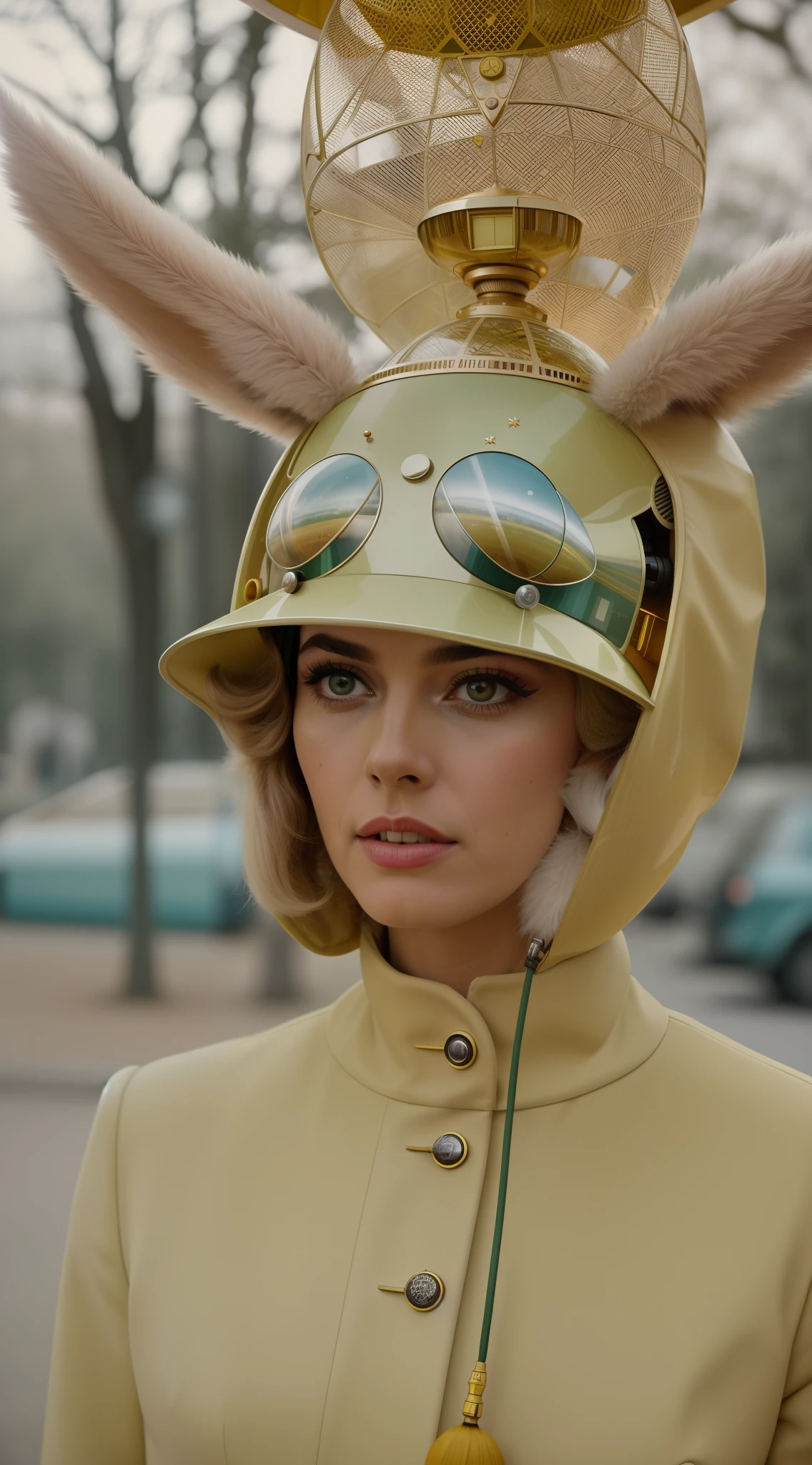 8k portrait of a 1960s science fiction film by Wes Anderson, Vogue anos 1960, pastels colors, There are people wearing futuristic animal masks and wearing extravagant retro fashion outfits and men and women wearing alien makeup and antique ornaments with mechanical pets in a park, Luz Natural, Psicodelia, futurista estranho, fotorrealista, hiper detalhado, foco nítido, Intrinsic, Fuji filmes 55mm,