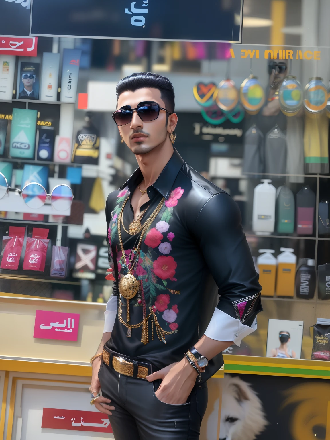 araffe man in a black shirt and sunglasses standing in front of a store, mohamed chahin style, mohamed chahin, kyza saleem, stylish pose, riyahd cassiem, with a cool pose, khyzyl saleem, facebook post, profile pic, appearing in a shopping mall, dr zeus, dramatic masterpiece, handsome man