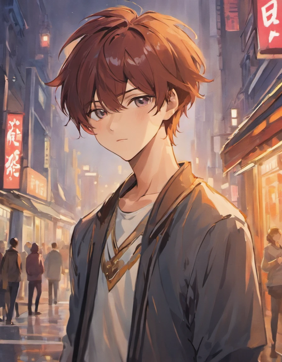 A pretty Korean twink male idol with modern clothes in a vibrant, urban setting. (best quality, highres), detailed facial features, flawless skin, captivating eyes, stylish trendy outfit, fashionable accessories, studio lighting, sharp focus. black hair, brown eyes