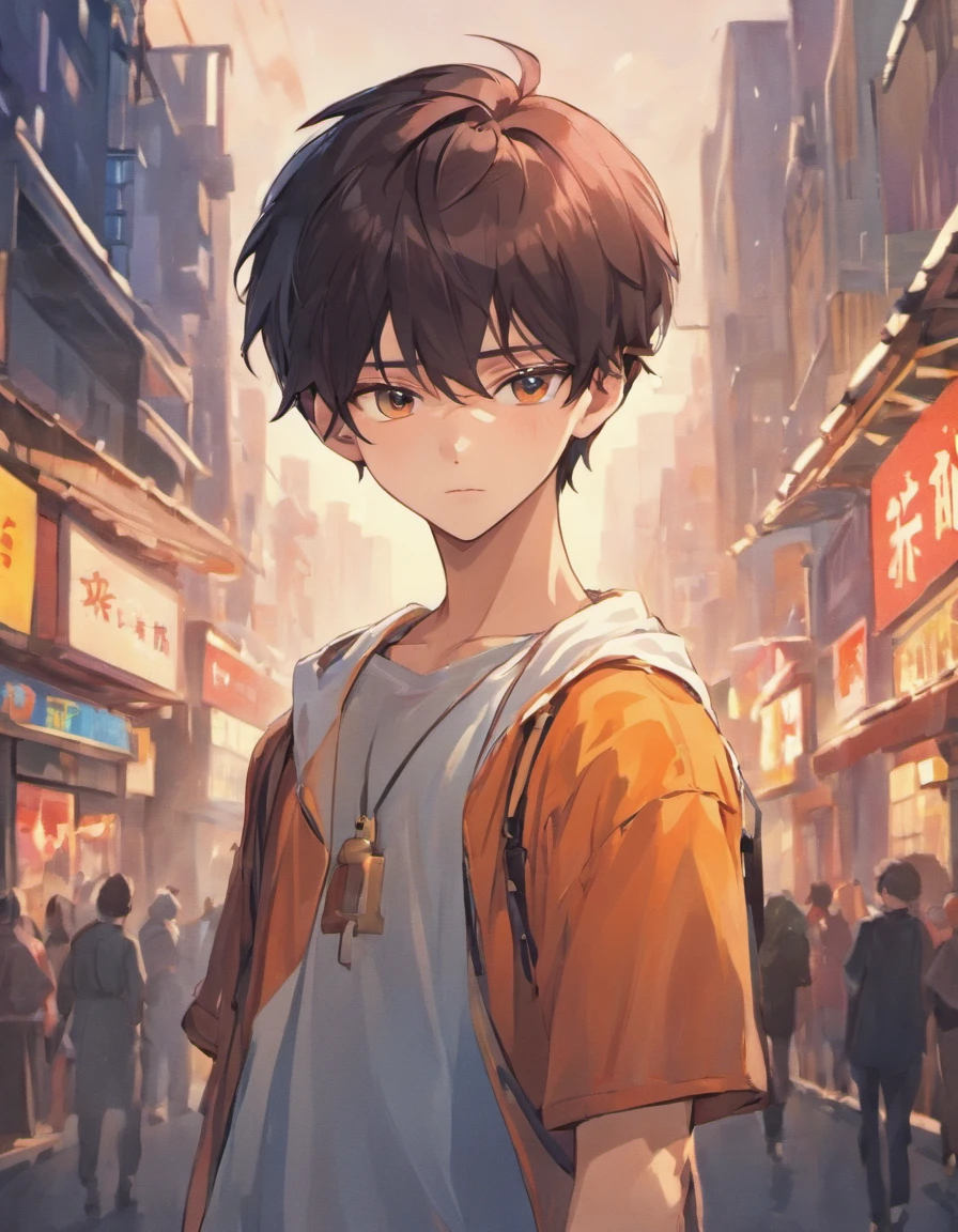 A pretty Korean twink male idol with modern clothes in a vibrant, urban setting. (best quality, highres), detailed facial features, flawless skin, captivating eyes, stylish trendy outfit, fashionable accessories, studio lighting, sharp focus. black hair, brown eyes