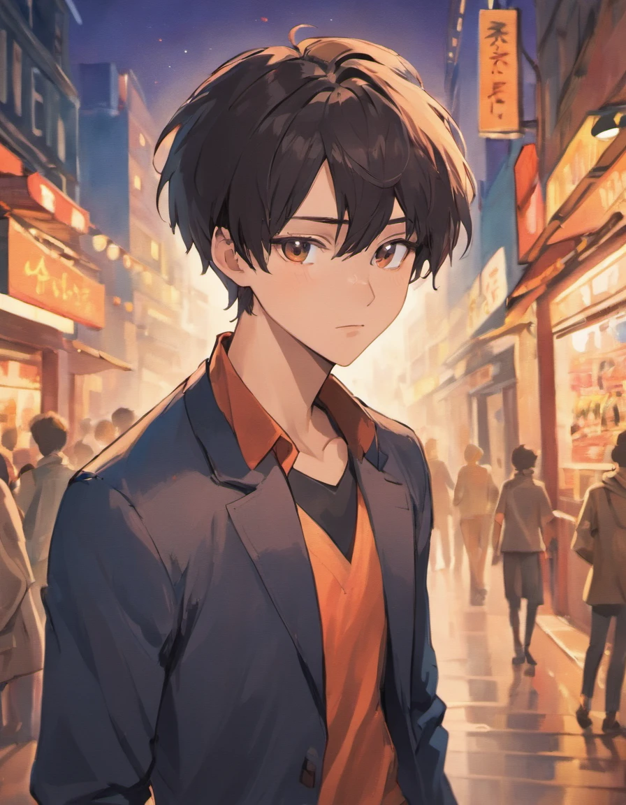 A pretty Korean twink male idol with modern clothes in a vibrant, urban setting. (best quality, highres), detailed facial features, flawless skin, captivating eyes, stylish trendy outfit, fashionable accessories, studio lighting, sharp focus. black hair, brown eyes