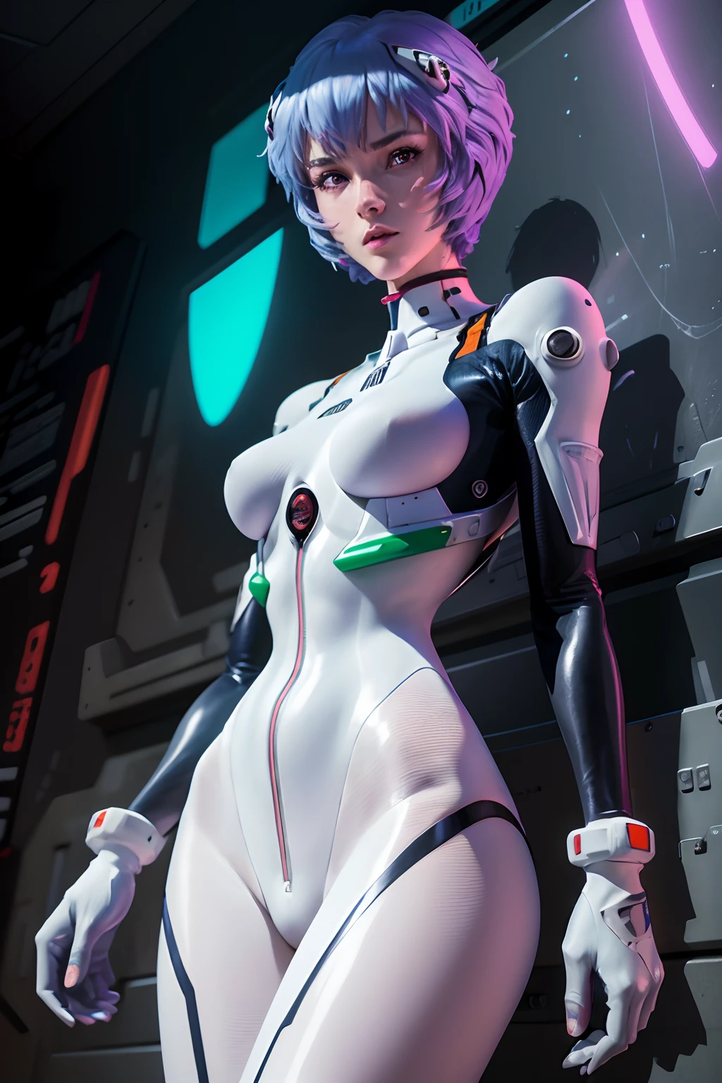 (best quality,4k,8k,highres,masterpiece:1.2),ultra-detailed,(realistic,photorealistic,photo-realistic:1.37),rei ayanami,adult version,30 years old,evangelion body suit,dark,long purple hair,beautiful detailed eyes,beautiful detailed lips,extremely detailed eyes and face,long eyelashes,serious expression,futuristic city backdrop,neon lights,blue and purple color palette,portraits,studio lighting,vivid colors