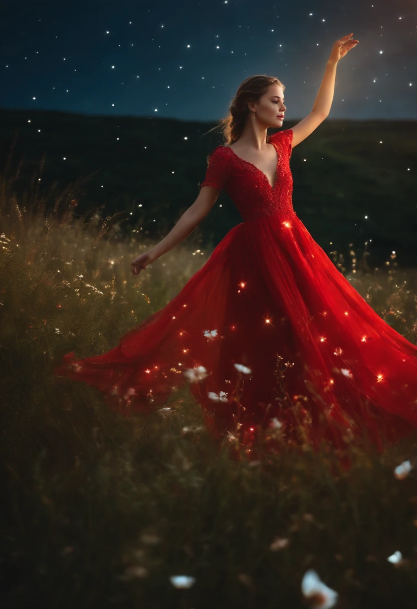 portrait of a girl in the red very long dress is dancing in a field with glowing flowers, stars, butterflies, grass realism, beautiful lighting, magic, fantasy of silver time, photograph