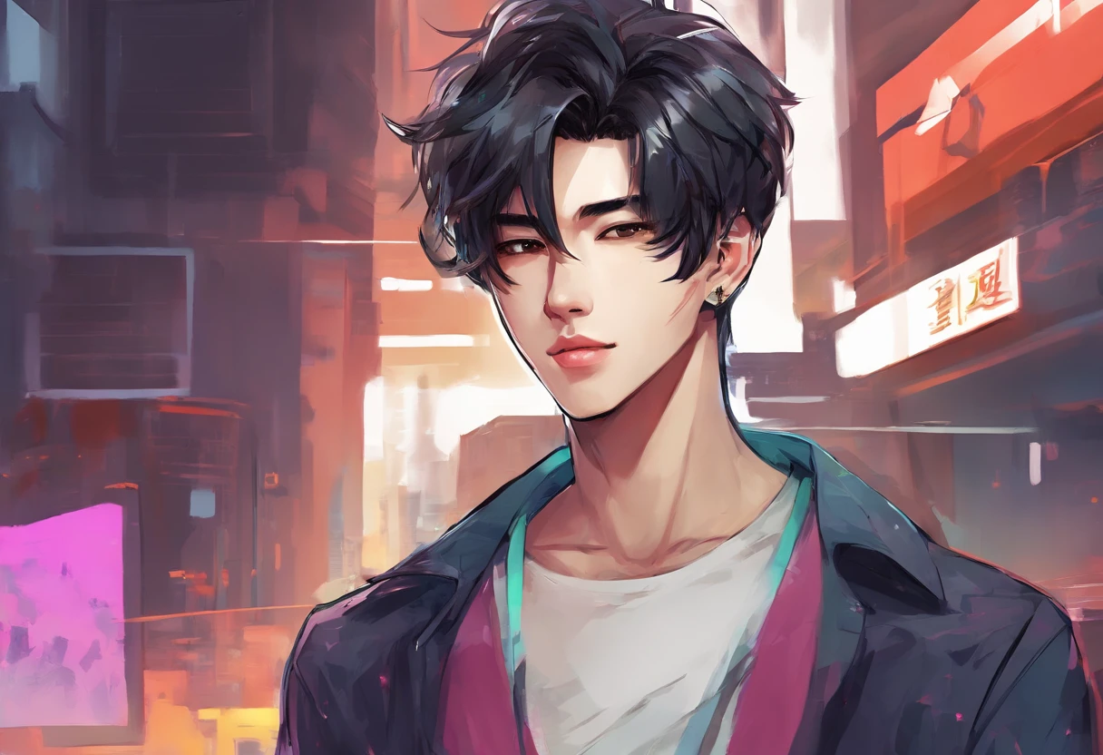 A pretty Korean twink male idol with modern clothes in a vibrant, urban setting. (best quality, highres), detailed facial features, flawless skin, captivating eyes, stylish trendy outfit, fashionable accessories, studio lighting, sharp focus. black hair, brown eyes