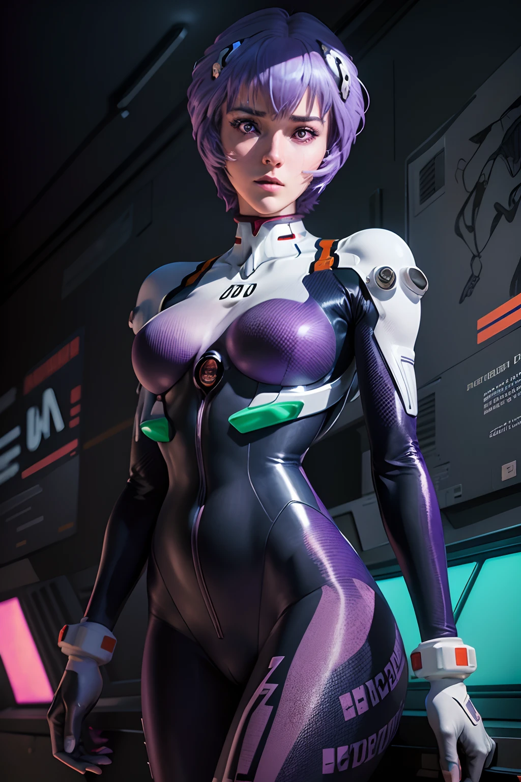 (best quality,4k,8k,highres,masterpiece:1.2),ultra-detailed,(realistic,photorealistic,photo-realistic:1.37),rei ayanami,adult version,30 years old,evangelion body suit,dark,long purple hair,beautiful detailed eyes,beautiful detailed lips,extremely detailed eyes and face,long eyelashes,serious expression,futuristic city backdrop,neon lights,blue and purple color palette,portraits,studio lighting,vivid colors