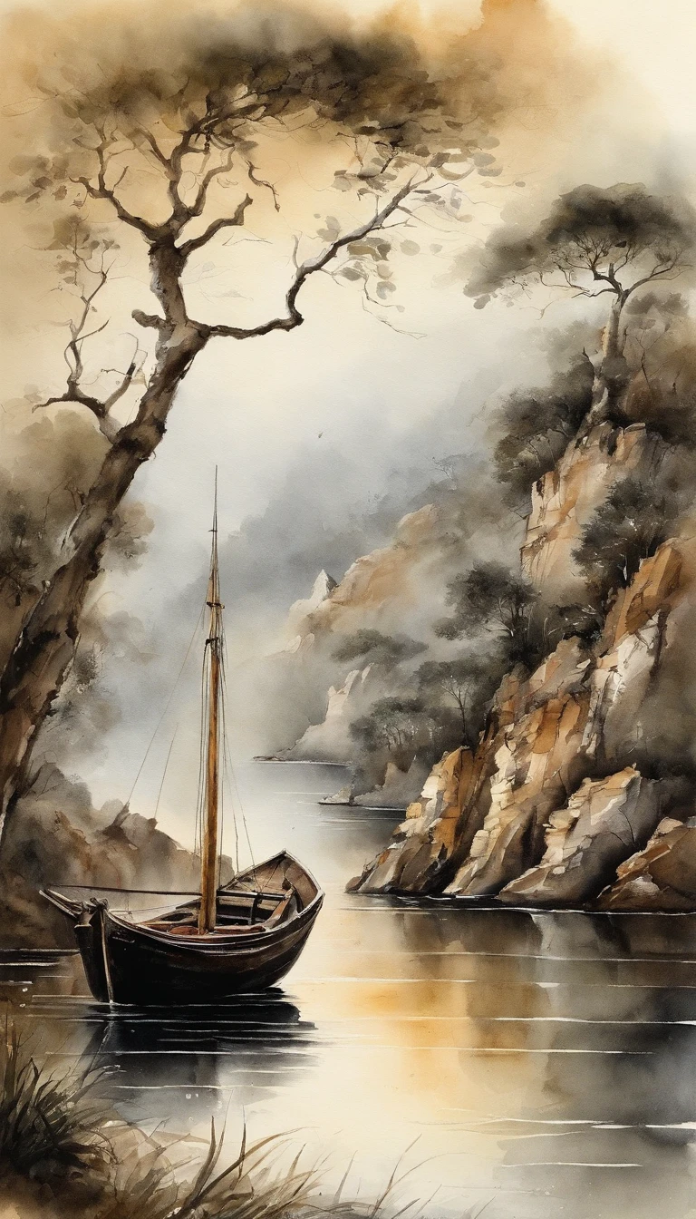Pintura de paisagem chinesa,pintura a tinta e aquarela,water ink,tinta,Mancha,Vista distante,Ultra-wide viewing angle,meticuloso,Light boat in the distance,Vista distante,meticuloso,Mancha,low saturation,baixo contraste,O barco ligeiro atravessou as Dez Mil Montanhas Pesadas,lindamente retratado,um detalhado,acurate,Obras de mestres,tmasterpiece