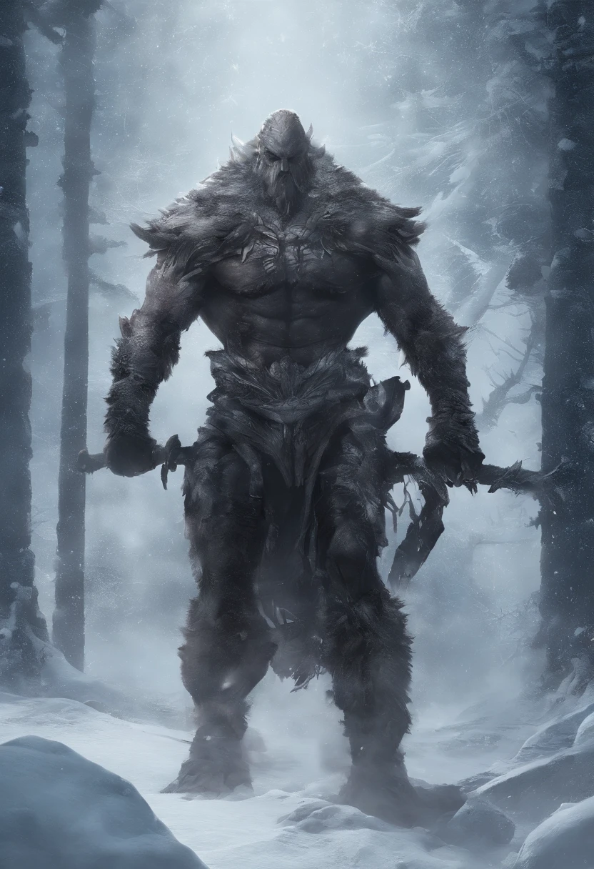 Estilo nordico,Nordic mythology,YMIR, Cuerpo gigante,Musculoso, Vestimenta nordica, Gigantesco,Fondo congelado, gigante de hielo, cuerpo completo, Shot Type: Wide shot Style: Hyper-Realistic, Photo realism, cinematography --ar 9:16