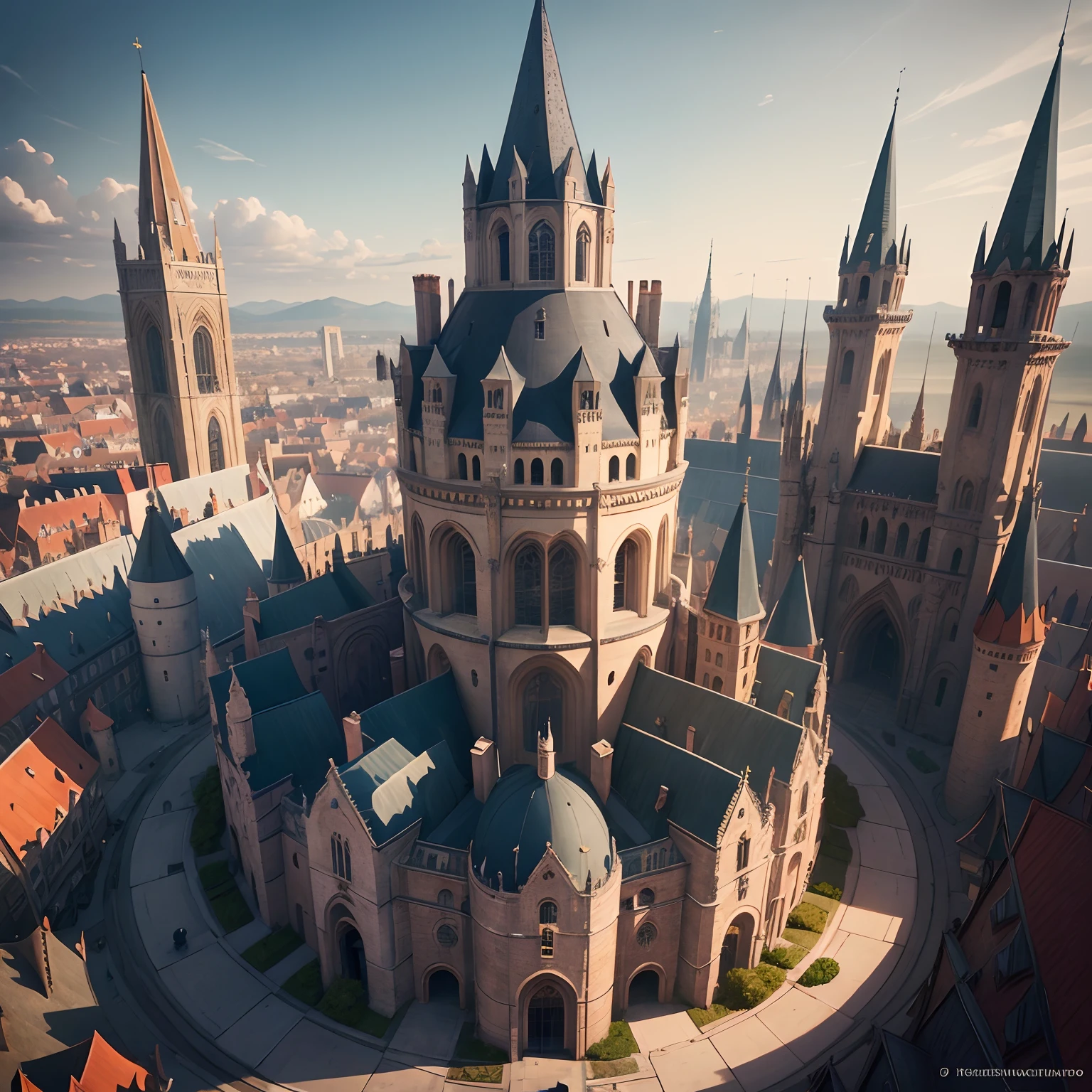 a college with a massive whimsical wizard tower with a pointed roof in the center, and exactly 11 identical buildings around it in a circular pattern, a massive circular wall around it and a medieval city in the background