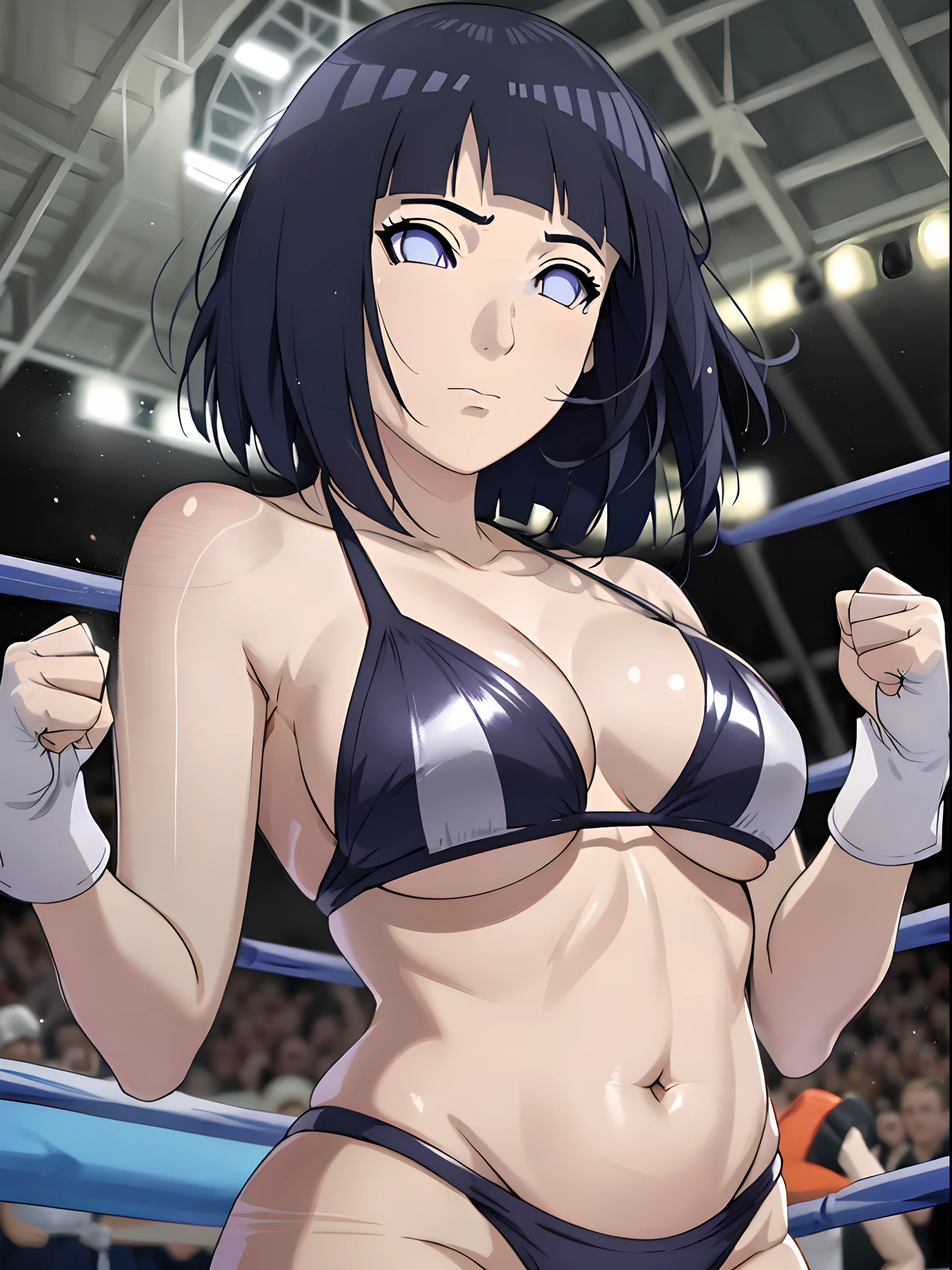 (ultra detailed body, ultra detailed face), ((solo)), anime style, hires, ((pro wrestling arena, pro wrestling match, crowd watching)), (hinata\(boruto\), (female wrestler), (slender body, broad shoulders), mature woman, milf, (black bikini, ultra detailed pro wrestling gear, armbands), victorious, gorgeous, winner, confident face, closed mouth, (pale skin, shiny skin, lighting and shadow), (dark blue hair color:1.1), wavy hair, ((short hair, hime cut, floating hair), big breasts, ((warming up)), (long belly), (closed fists), seductive, (perfect eyes, white sciera, bright eyes, white eyes, anime eyes, looking at the viewer)