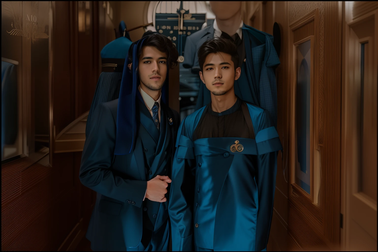 two men in suits standing in a hallway with a clock, two young men, taken with canon 8 0 d, taken with canon eos 5 d mark iv, blue colored traditional wear, captured on canon eos r 6, photo taken with nikon d 7 5 0, photo taken with nikon d750, taken with the best dlsr camera