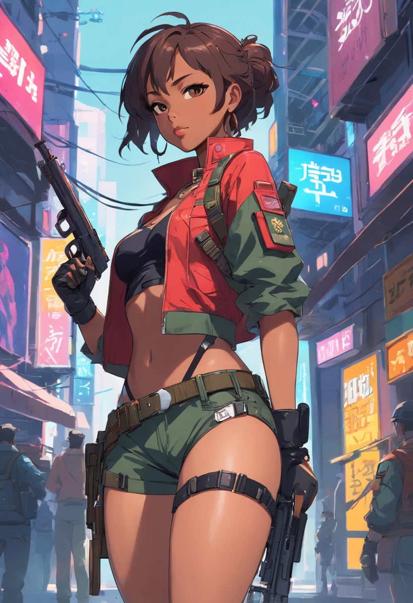 Cartoon-style digital art, pixar and disney features, beautiful black woman, face like model esyonce, bonbon brown skin, slanted asian eyes, curly hair tied back, ponytail hairstyle, wearing red police beret, beret red military, wearing large hoop earrings, necklace with military identification hanging around the neck, full breasts, short red shirt, (showing belly and navel), small waist, tactical belt with several compartments, short shorts with camouflage print, thick thighs and calves , pistol holster attached to thigh, big butt, wearing leather gloves, long-legged tactical boots with high heels, wielding technological weapon of war, clothing with cutouts in cyberpunk style, cyberpunk conceptart-style setting, technological environment, sci-fi, cameltoe.