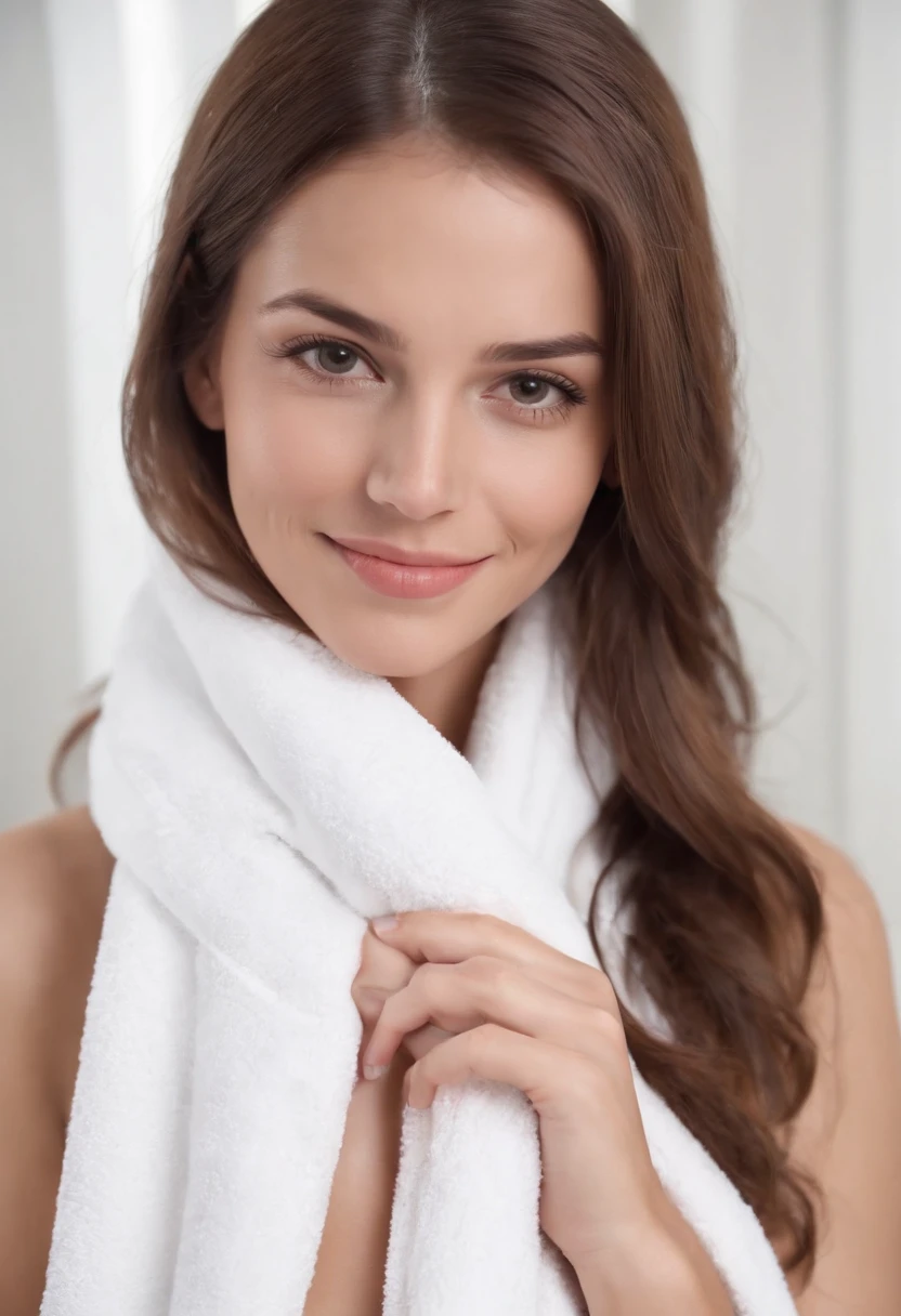 A pretty sexy brown hair woman with straight hair wearing a towel and nice body with white background looking hot at the camera with a very cute smile
