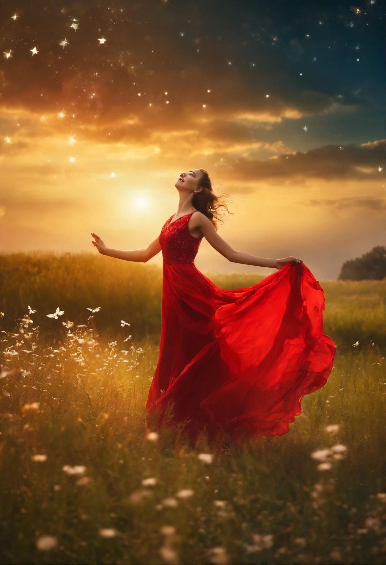 portrait of a girl in the red very long dress is dancing in a field with glowing flowers, stars, butterflies, grass realism, beautiful lighting, magic, fantasy of silver time, photograph