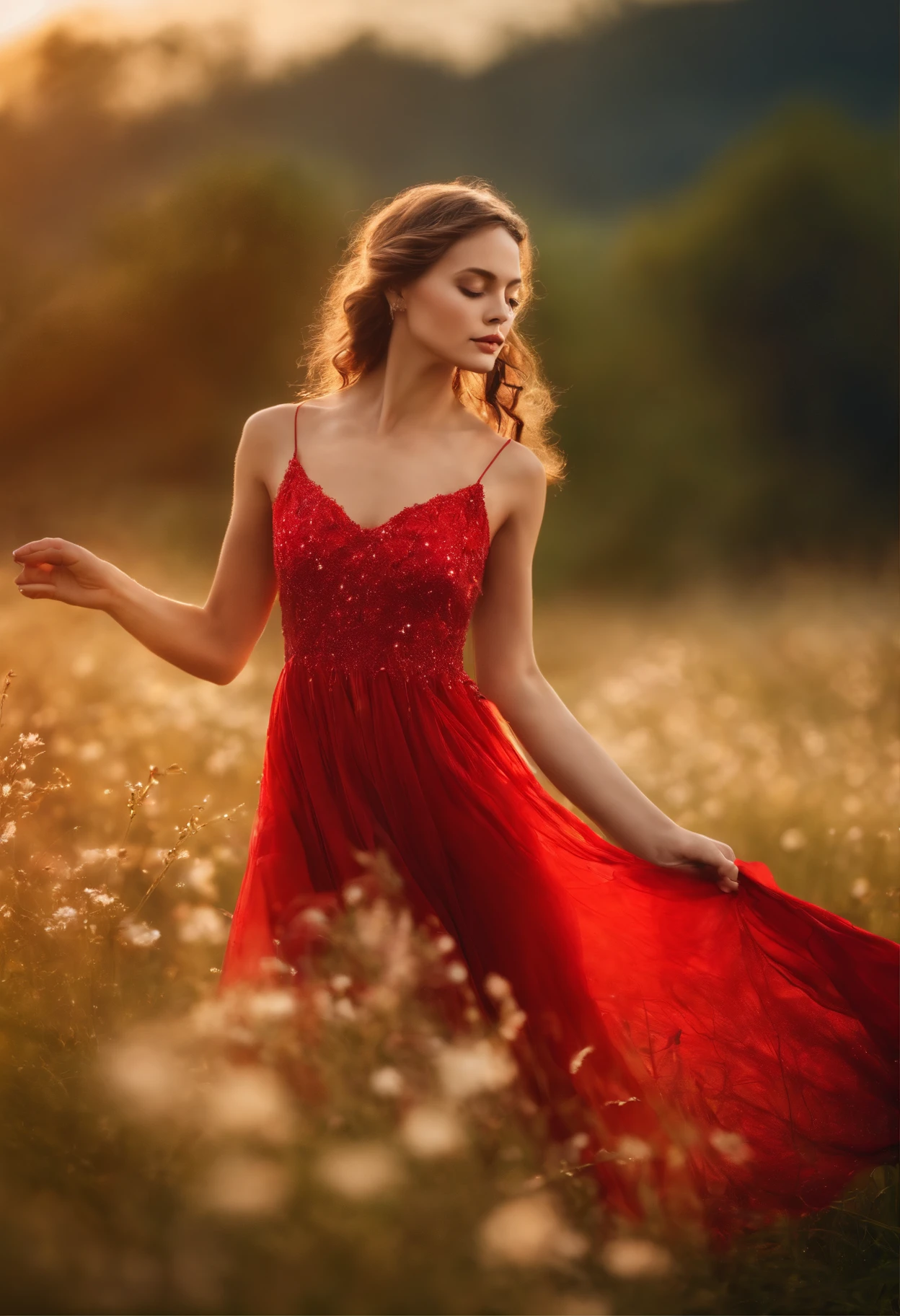 portrait of a girl in the red very long dress is dancing in a field with glowing flowers, stars, butterflies, grass realism, beautiful lighting, magic, fantasy of silver time, photograph