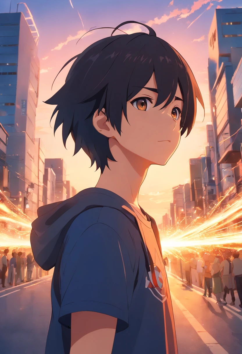 obra-prima, melhor qualidade, desenho ainda, 1boy garoto naruto, usando oculos , brilhante, feliz, Soft lighting and Warm, sun sunset, (Sparks: 0,7)