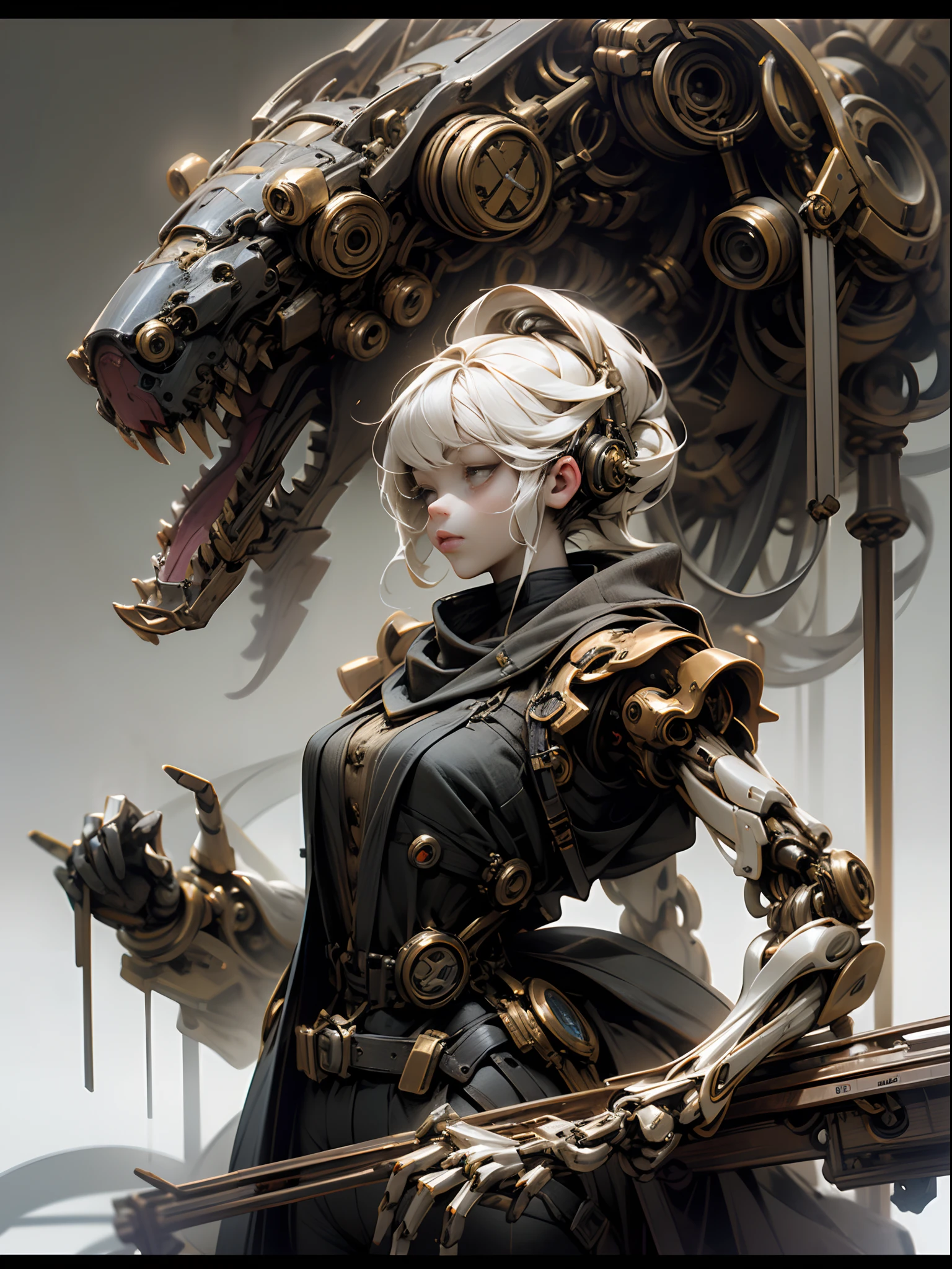 Mechanical steampunk girl, made from mechano parts, (mechano body), (mechano limbs), cinematic lighting.