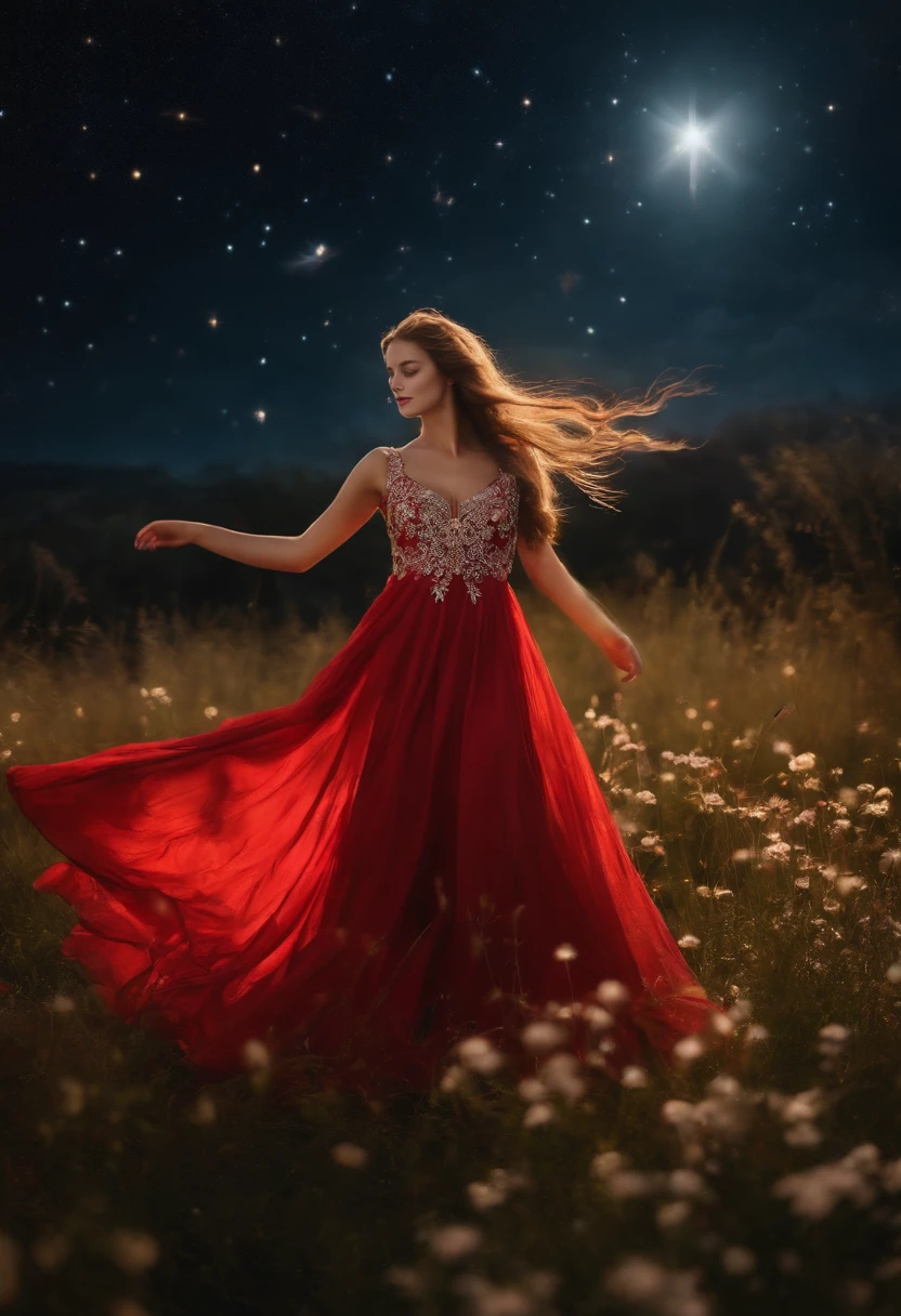 portrait of a girl in the red very long dress is dancing in a field with glowing flowers, stars, butterflies, grass realism, beautiful lighting, magic, fantasy of silver time, photograph, night time .