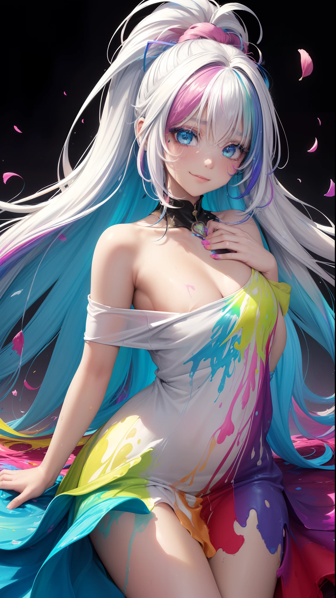 (smile:1.3), (Pink Fashion T-shirt:1.9),(Colorful hair: 1.8), (all the colours of the rainbow: 1.8),(((((vertical painting:1.6))), (painting:1.6),front, comics, illustrations, paintings, large eyes, crystal clear eyes,( rainbow color gradient high ponytail:1.7), exquisite makeup, closed mouth,(Small Fresh: 1.5),(Wipe Chest: 1.6) ,long eyelashes, white off shoulder T-shirt, White Shoulder Shirt,looking at the audience, large watery eyes, (rainbow colored hair:1.6), color splash, (solo:1.8), color splash, color explosion, thick paint style, messy lines, ((shining)),(colorful), (colorful), (colorful), colorful, Thick Paint Style, (Splash) (Color Splash), Vertical Painting, Upper Body, Paint Splash, Acrylic Pigment, Gradient, Paint, Highest Image Quality, Highest Quality, Masterpiece, Solo, Depth of Field, Face Paint, colorful clothes, (Elegant: 1.2), gorgeous,long hair, wind, (Elegant: 1.3), (Petals: 1.4),(((masterpiece))),(((best quality))),((ultra-detailed)),(illustration),(dynamic angle),((floating)),(paint),((disheveled hair)),(solo),(1girl) , (((detailed anima face))),((beautiful detailed face)),collar,bare shoulders,white hair, ((colorful hair)),((streaked hair)),beautiful detailed eyes,(Gradient color eyes),(((colorful eyes))),(((colorful background))),(((high saturation))),(((surrounded by colorful splashes))),
