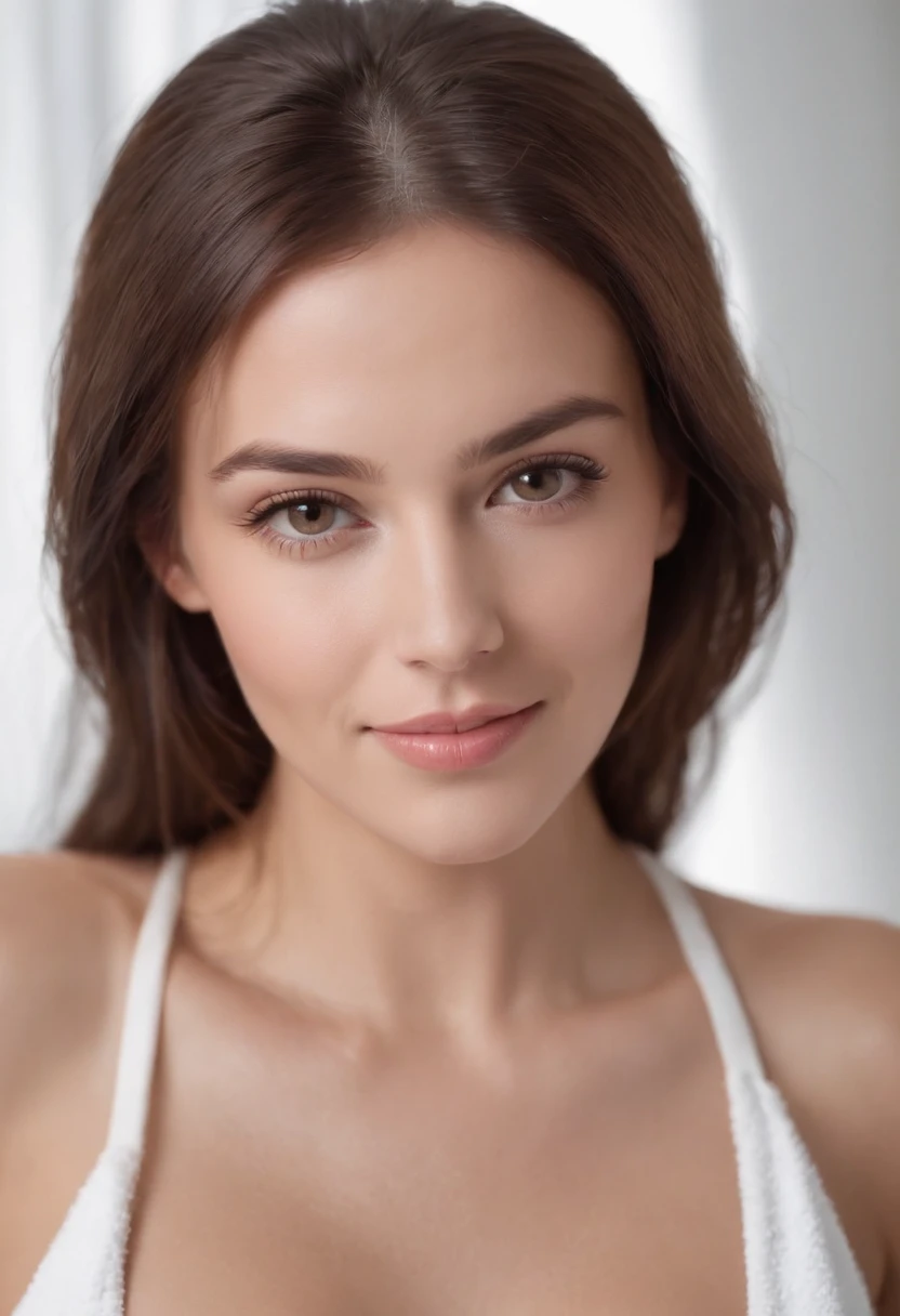 A pretty sexy brown hair woman with straight hair wearing a towel around her chest, nice body with completely white background looking hot at the camera with a very cute smile
