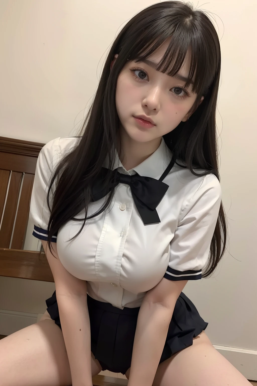 Photo Real、photoRealstic A dark-haired、straight haired、poneyTail、Blunt bangs drooing eyes、Black eyes、Plump cheeks、The contours of the face are round 、hi-school girl、Suppin、a sailor suit、bow ribbon、Drenched in sweat large full breasts、Short stature、vaginal、Female genitals、、 Bold open-legged masturbation、、insertion、Vaginal insertion、masturbation:、 Background with、countryside