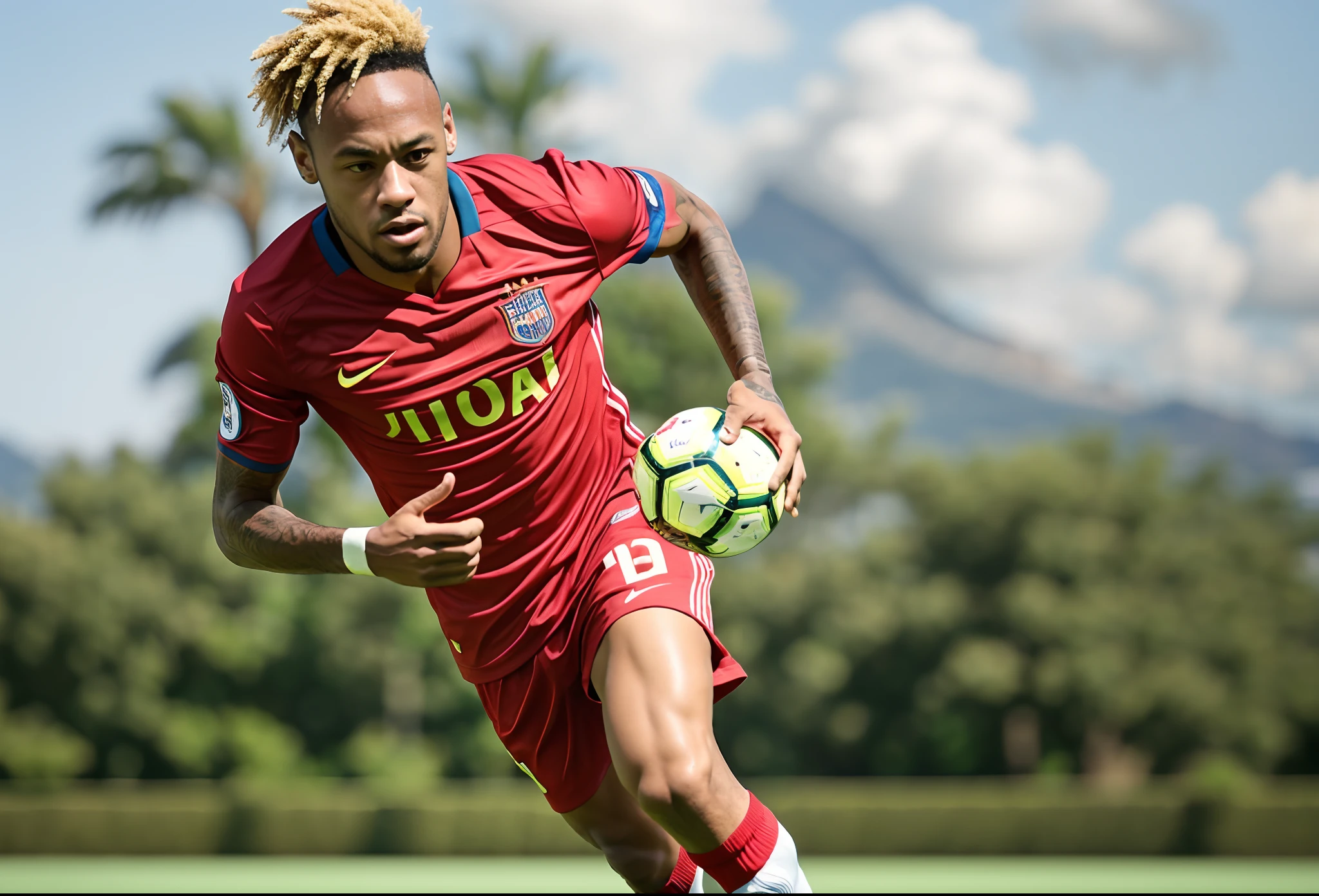 African footballer running with a football in his hand, no estilo de Vini, Rodrigo, neymar, --auto --s2