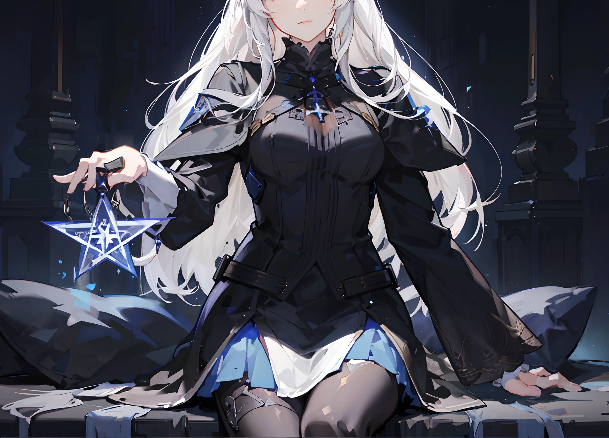 anime girl with white hair sitting on a bed with a pentagram, from arknights, white haired deity, astral witch clothes, fate grand order, from girls frontline, anime style like fate/stay night, guweiz, artwork in the style of guweiz, arknights, girls frontline universe, fine details. girls frontline, gothic maiden anime girl (Image quality tag)CG plot of fine details，(Drawing style tag) Realisticstyle，(main body)A girl with a great figure, (the detail)