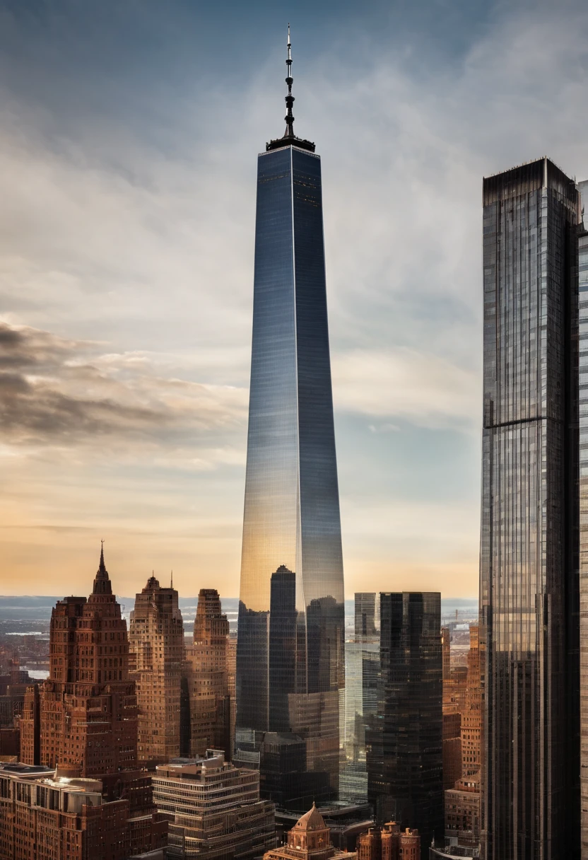 Use artificial intelligence to create a stunning, detailed representation of the World Trade Center in New York. The image should highlight the iconic architecture of the twin towers and capture the majesty of the complex. Make sure to include all the important details, such as the windows, floors and structure of the World Trade Center. The image should evoke a sense of grandeur, respect and homage to this historic landmark."