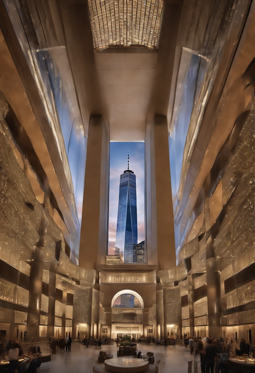 Use artificial intelligence to create a stunning, detailed representation of the World Trade Center in New York. The image should highlight the iconic architecture of the twin towers and capture the majesty of the complex. Make sure to include all the important details, such as the windows, floors and structure of the World Trade Center. The image should evoke a sense of grandeur, respect and homage to this historic landmark."