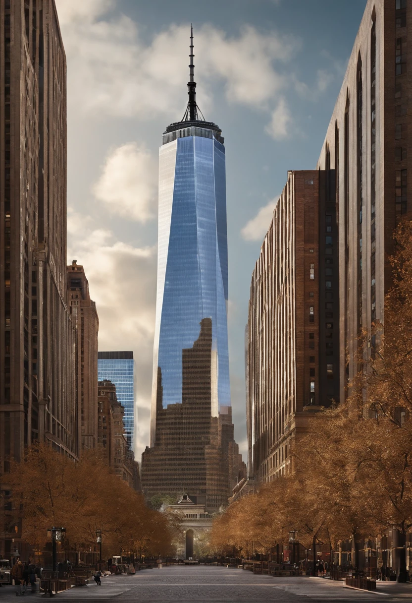 Use artificial intelligence to create a stunning, detailed representation of the World Trade Center in New York. The image should highlight the iconic architecture of the twin towers and capture the majesty of the complex. Make sure to include all the important details, such as the windows, floors and structure of the World Trade Center. The image should evoke a sense of grandeur, respect and homage to this historic landmark."