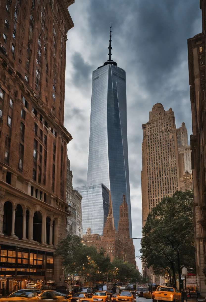 Use artificial intelligence to create a stunning, detailed representation of the World Trade Center in New York. The image should highlight the iconic architecture of the twin towers and capture the majesty of the complex. Make sure to include all the important details, such as the windows, floors and structure of the World Trade Center. The image should evoke a sense of grandeur, respect and homage to this historic landmark."