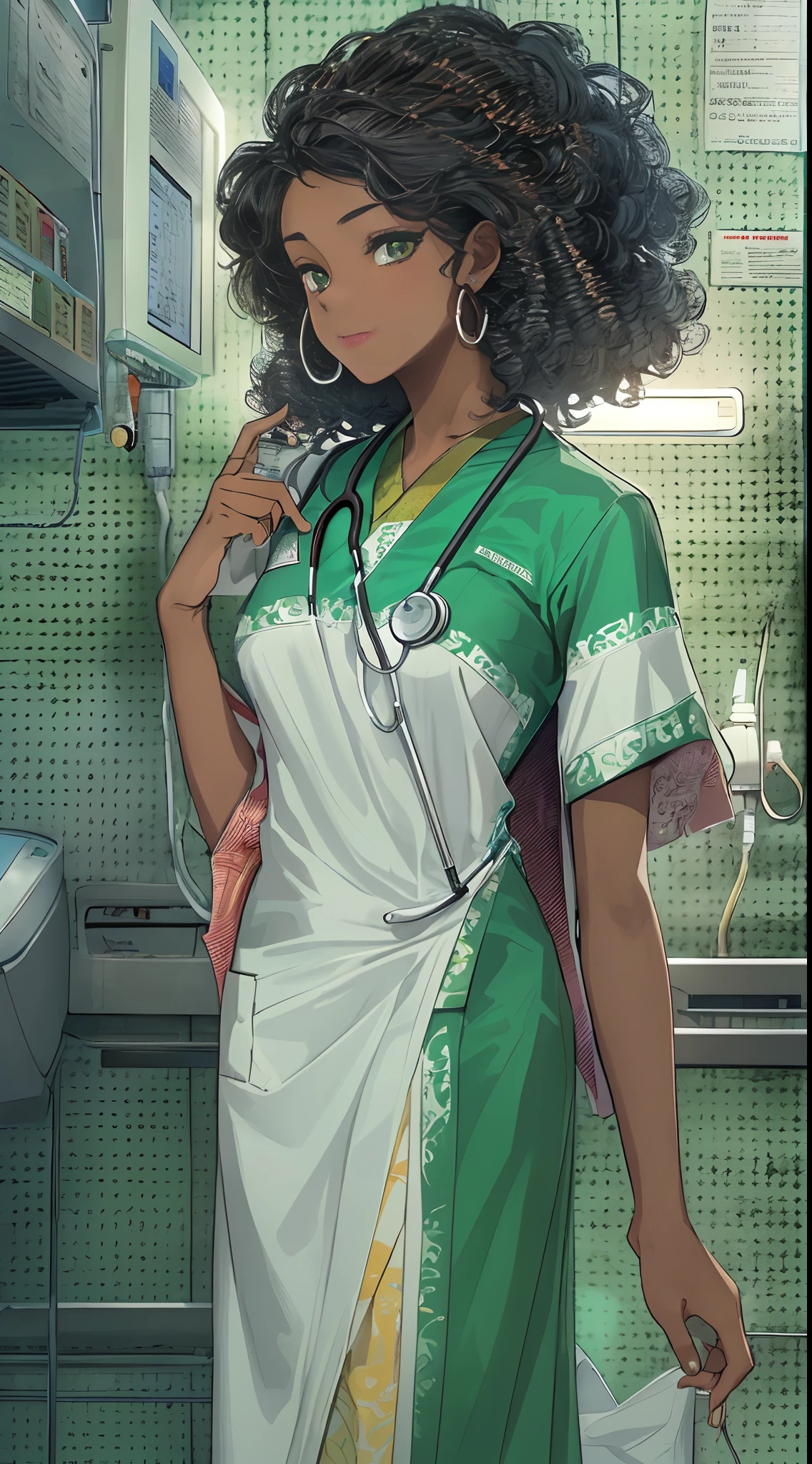 ((Masterpiece, hiquality, absurdress) 1Woman, black hair, curly hair, Afro-curly hair, Green eyes, a perfect face, the perfect body, big breastes, short stature, very dark skin, Hindu woman, 独奏, ((Best Quality)), ((Masterpiece)), (Detailed:1.4), Detailed eyes and face, white robe, Medical Uniform, Doctor's costume, medical doctor, hospital, night shift, emergency room doctor