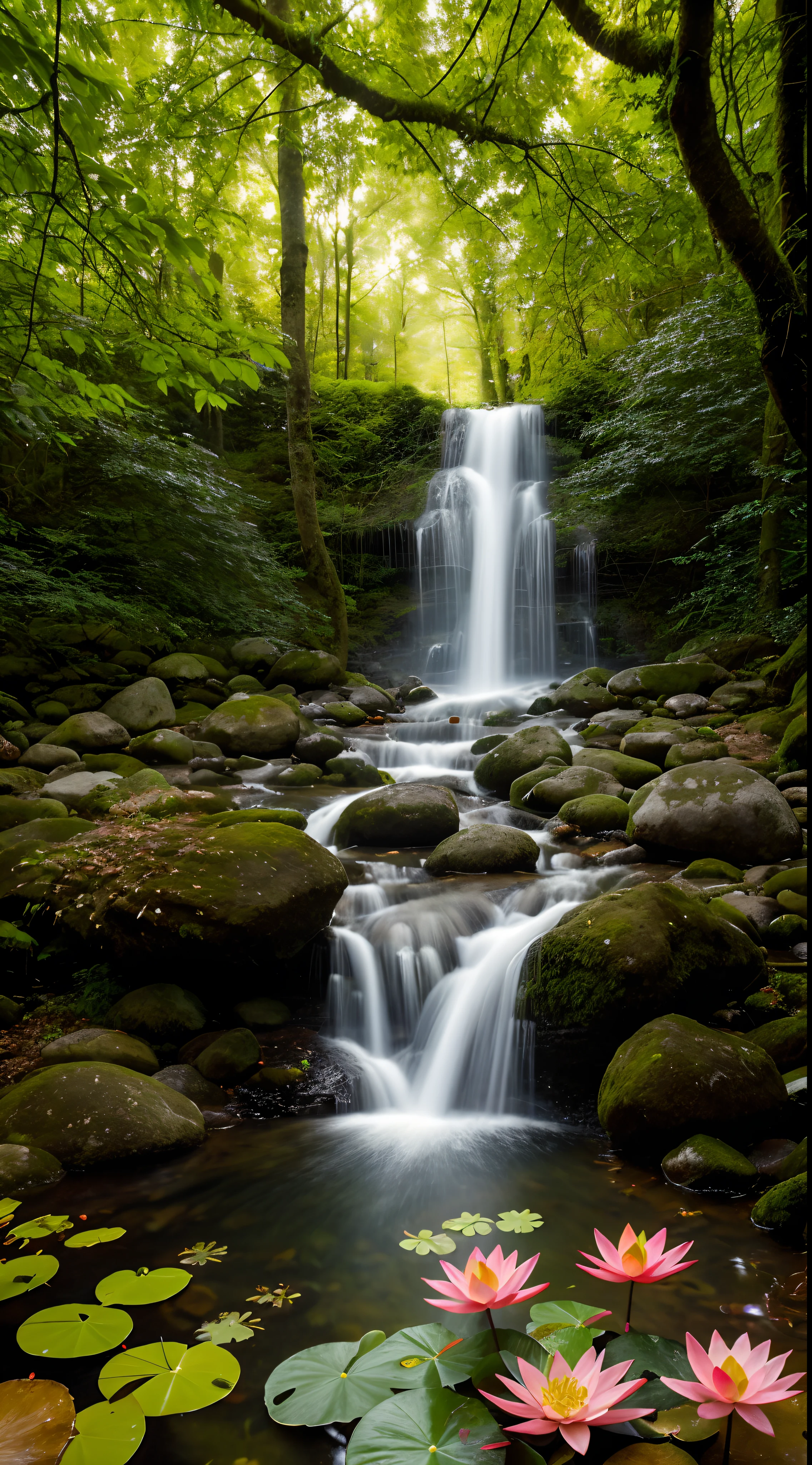 (best quality,4k,8k,highres,masterpiece:1.2),ultra-detailed,(realistic,photorealistic,photo-realistic:1.37),enchanting forest,bird songs,glorious sunlight,swaying branches,hint of mist,majestic trees,twinkling streams,flickering fireflies,peaceful atmosphere,soft breeze,whispers of nature,beauty of nature,diverse flora and fauna,birds singing in harmony,colorful and vibrant foliage,playful squirrels and rabbits,hidden pathways through lush greenery,calm and serene ambiance,tranquil pond with lily pads and lotus flowers,mysterious and magical vibe,ethereal and dreamlike scene,soft dappled light filtering through the leaves,tranquilizing sounds of nature,sparkling waterfalls and cascades,glowing mushrooms and fireflies at dusk,tranquility and seclusion,whispering secrets of the woods,harmony between nature and wildlife.