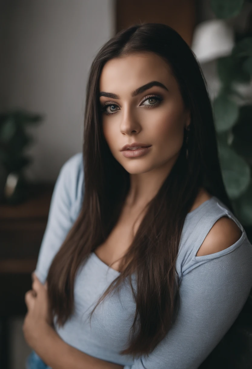 Arafed woman with matching tank top and panties, Sexy girl with brown eyes, portrait sophie mudd, blue hair and big eyes, Selfie einer jungen Frau, Augen im Schlafzimmer, Violet Myers, ohne Make-up, Natural makeup, Blick direkt in die Kamera, Gesicht mit Artgram, dezentes Make-up, Stunning full body shot, Spaltung, am Esstisch sitzen
