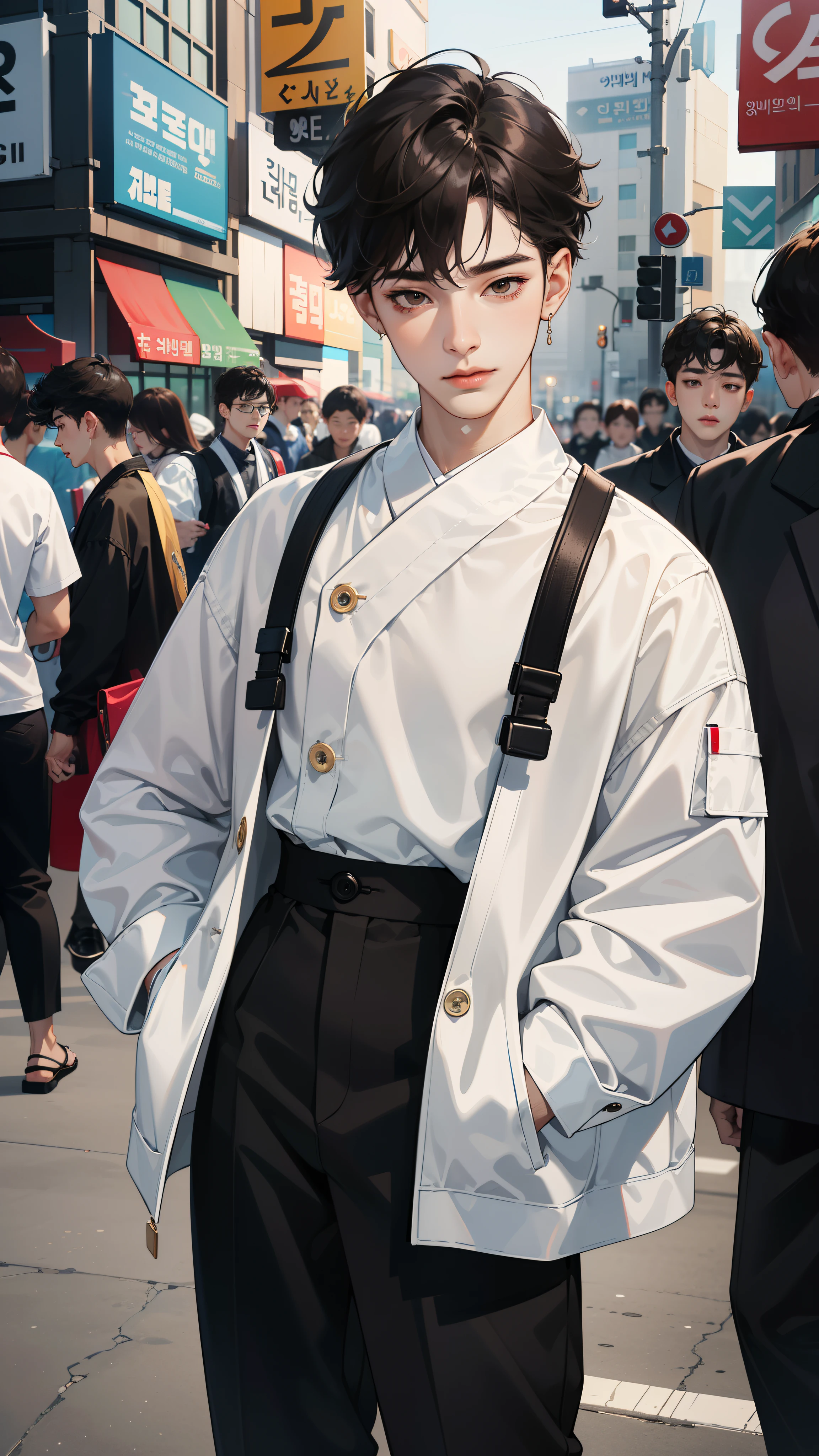 A pretty Korean twink male idol with modern clothes in a vibrant, urban setting. (best quality, highres), detailed facial features, flawless skin, captivating eyes, stylish trendy outfit, fashionable accessories, studio lighting, sharp focus. black hair, brown eyes, seoul street fashion, harajuku fashion